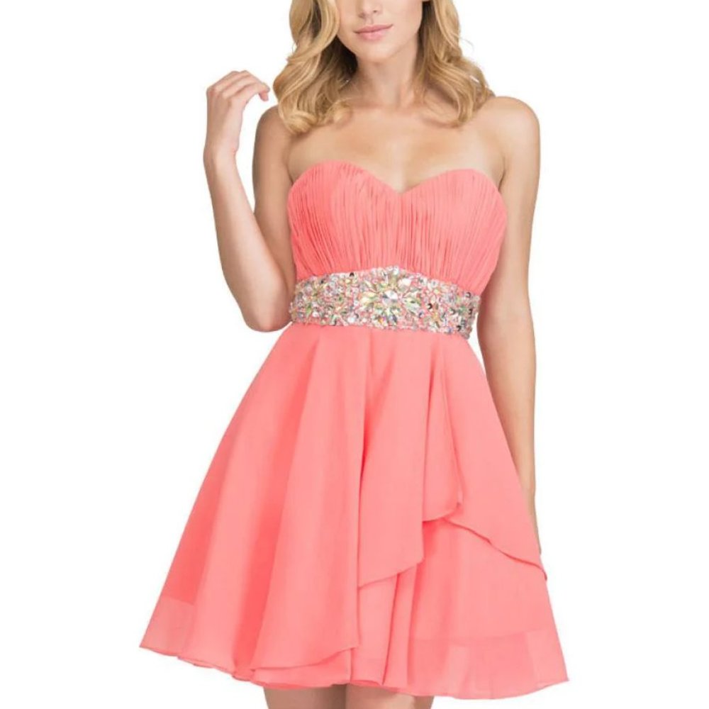 RUCHED SHORT STRAPLESS DRESS WITH BEADED WAIST BY STAR BOX 6068 (CORAL)